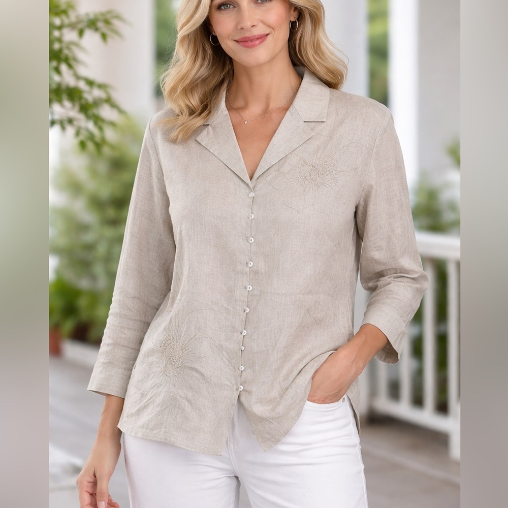 Valerie Stevens Beige 100% LinenLight weight Embroidered Button Down
Shirt SZ XL